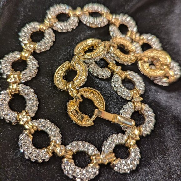 Vintage Gold and White Tone Metal Circle-Link Choker Necklace Multiple Rhineston - Picture 12 of 14